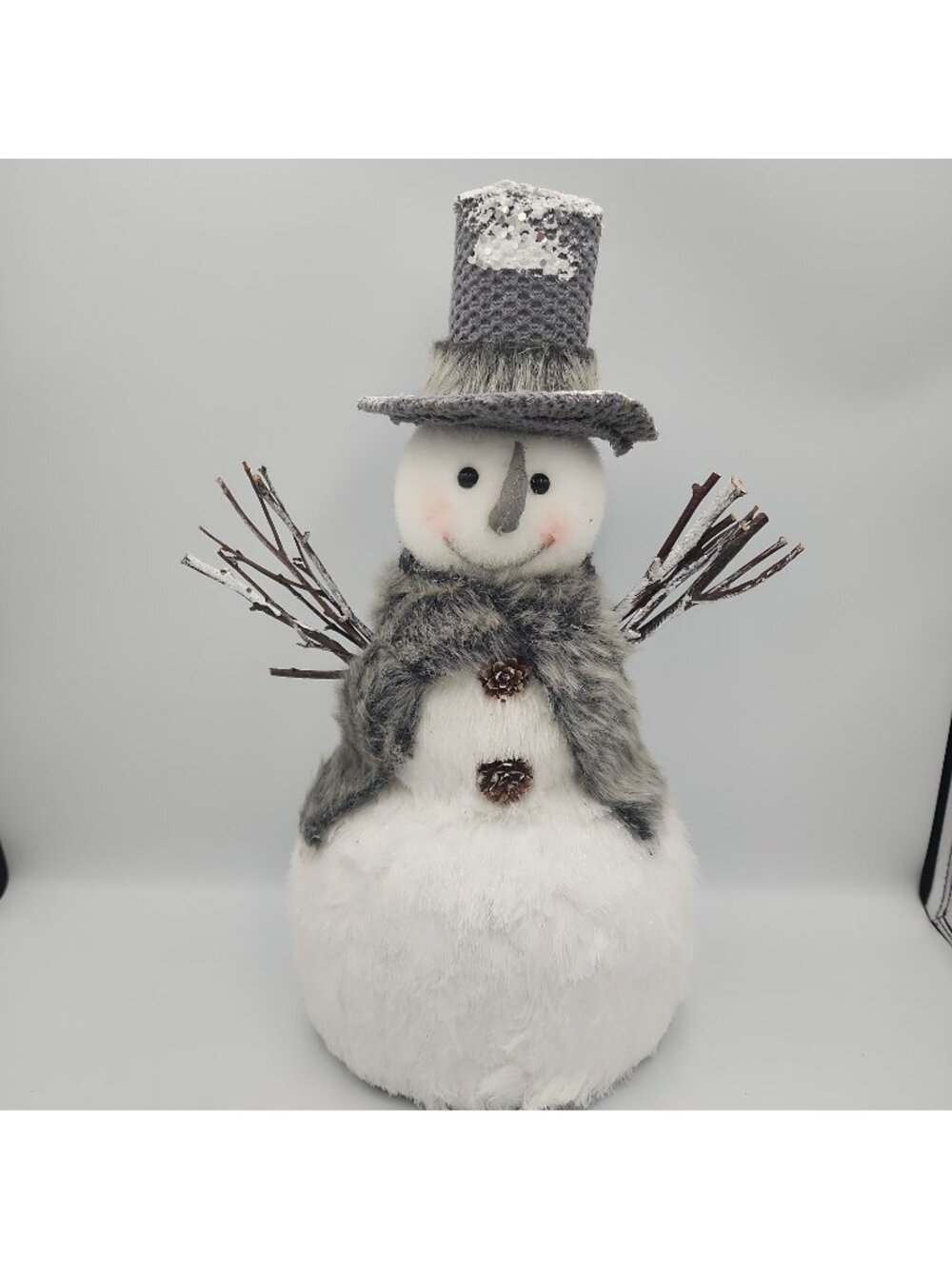 Standing Snowman W/Gray Scarf Fluffy Covering Pinecone Buttons Twig Arms 15"